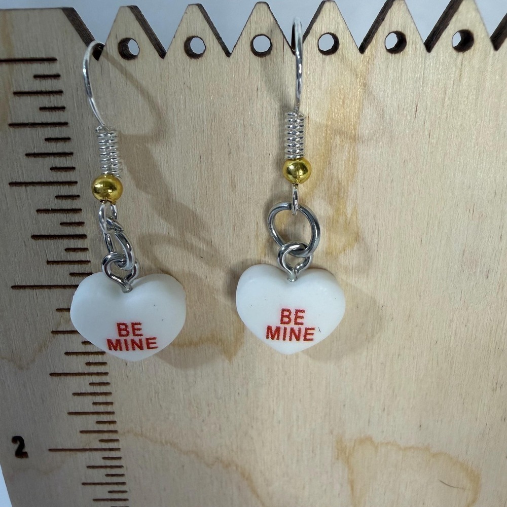 Hand assembled "Be Mine" Conversation Heart Dangle Earrings - Picture 2 of 3